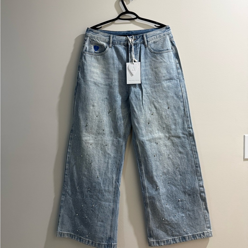 Aelfric Eden blue denim jeans with rhinestone embellishments